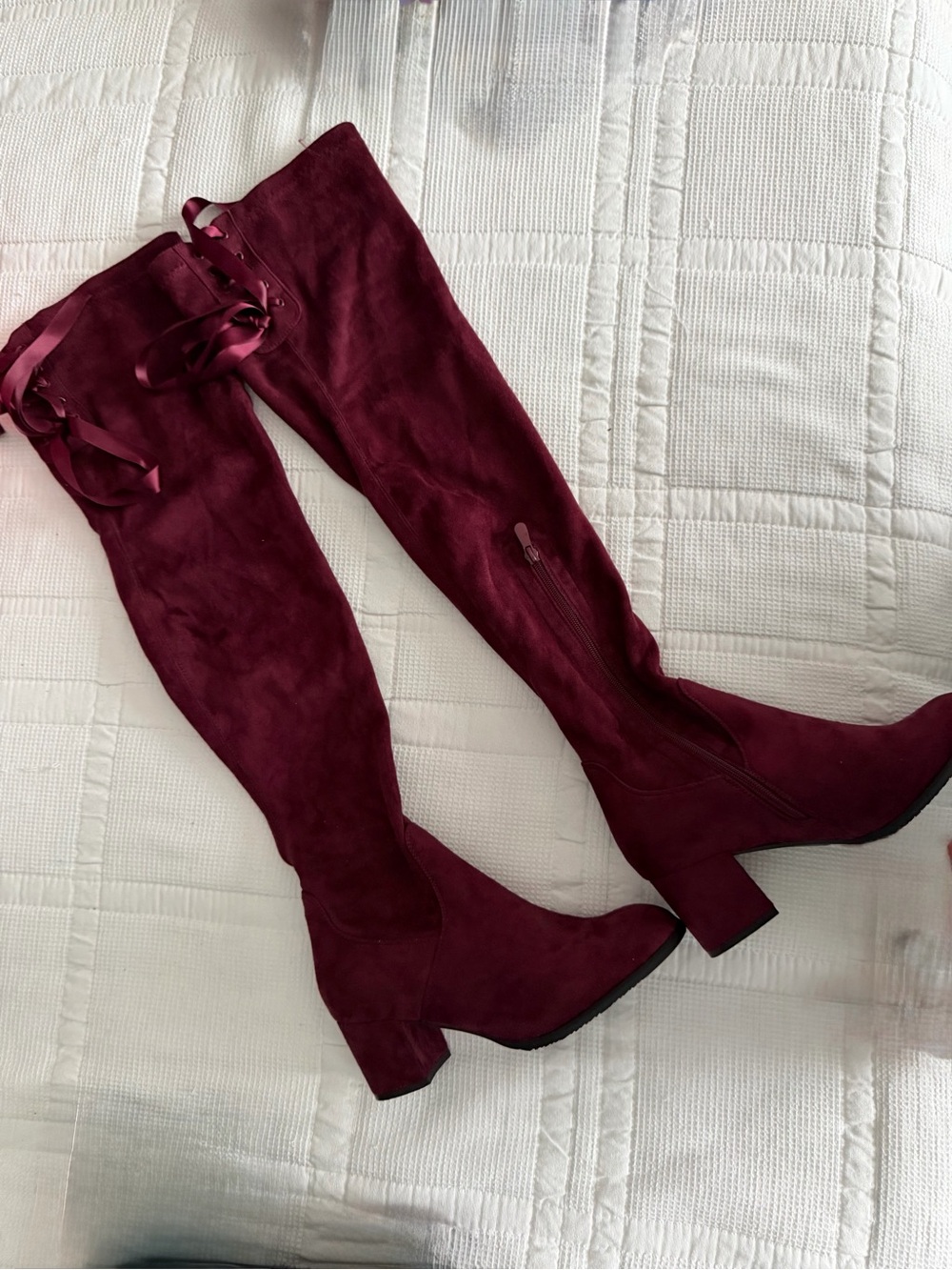 Laurence Faux Suede Over-the-Knee Boots Lace Back US 9 Burgundy Zip Closure